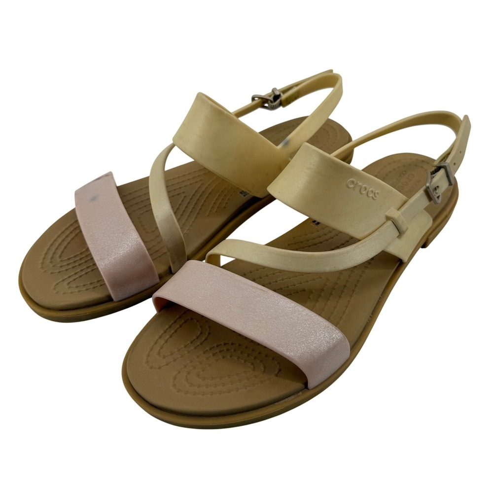 Crocs Tulum Strappy Sandal‎ Pink Clay Cream Tan Women 8 Shimmer Buckle Ankle